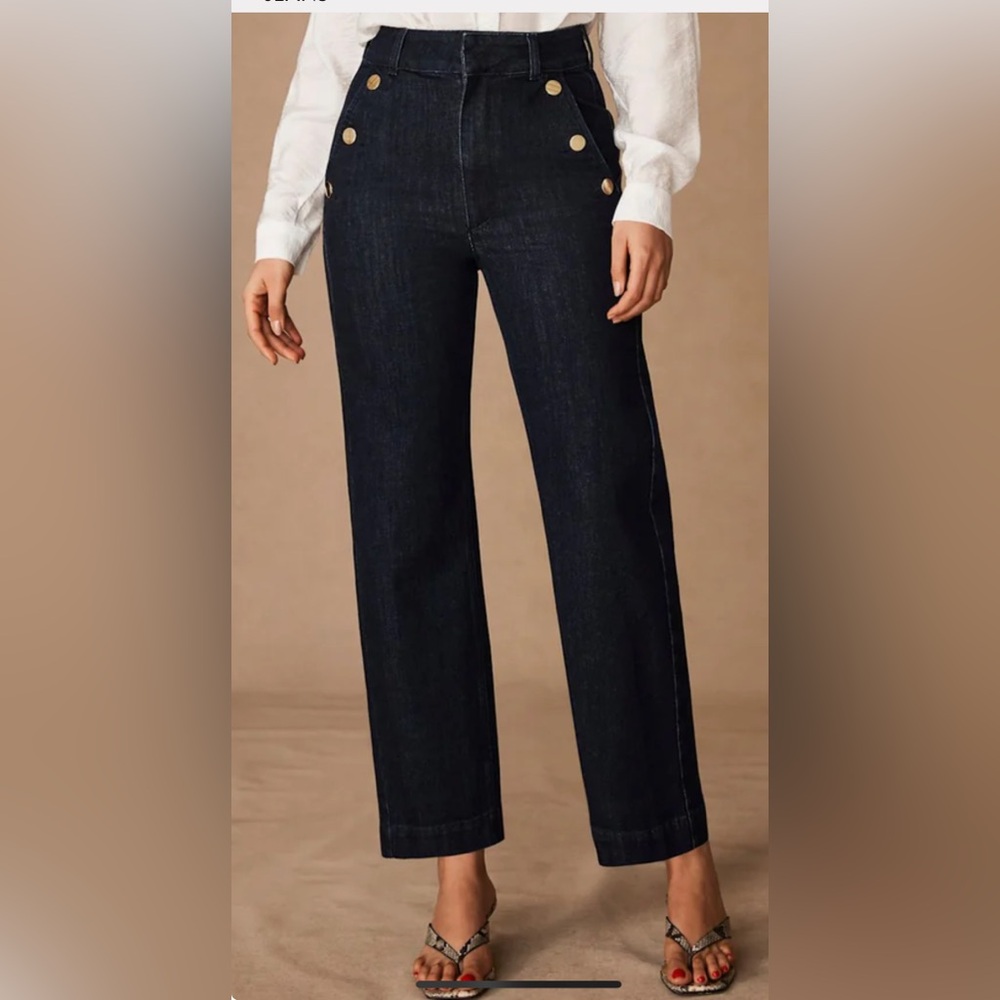 Dark denim  Wide-Leg Pants with Gold Buttons
